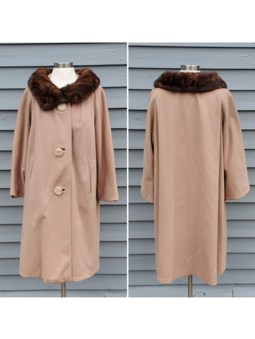 Vintage 50s‎ 60s Jackie O Kennedy Tan Wool Brown Mink Collar Swing Mob Wife Coat